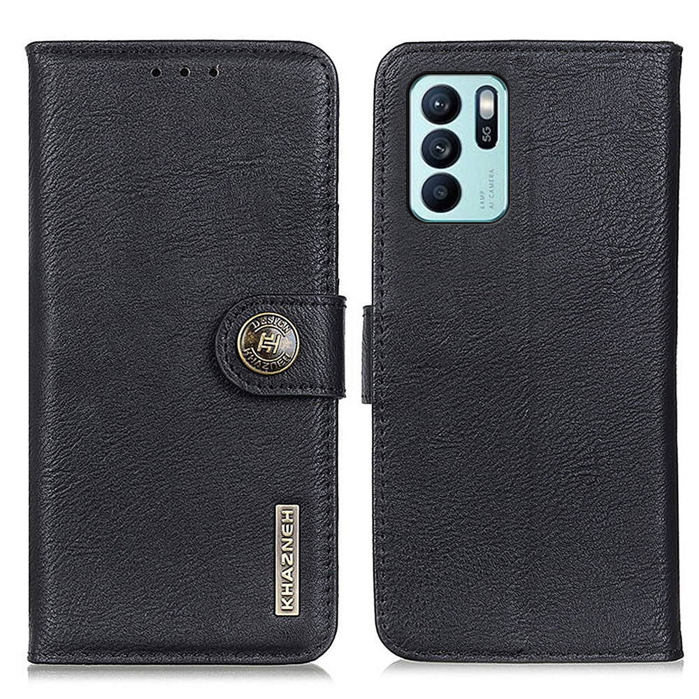 

KHAZNEH Full Body Protection Wallet Card Slots Retro Leather Cell Phone Case with Stand for OPPO Reno6 Z - Black