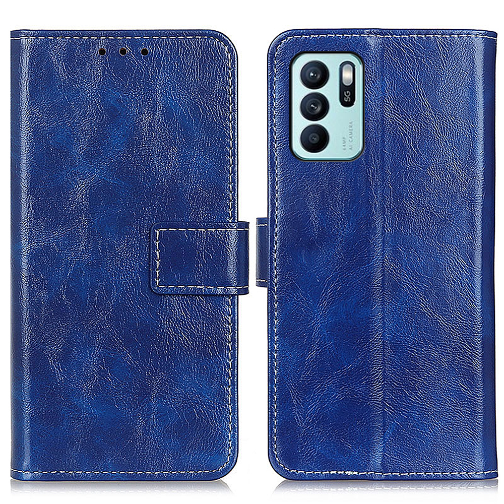 

Vintage Crazy Horse Texture All-Round Protection Magnetic Clasp Wallet Design Phone Cover for OPPO Reno6 Z 5G - Blue