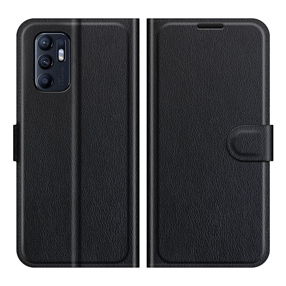 

Adjustable Stand Design Scratch-Resistant Litchi Skin Folio Flip Wallet Leather Case Cover for Oppo Reno6 4G - Black