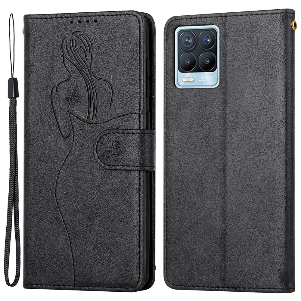 

Anti-Fall Girl Pattern Imprinting Stand PU Leather Wallet Shockproof Phone Case with Wrist Strap for Realme 8 / 8 Pro - Black, Realme Realme 8 Pro