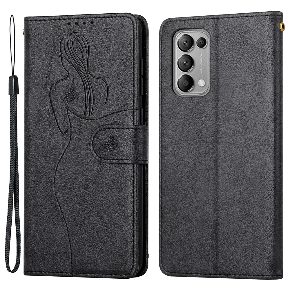 

Modèle de Fille Imprimant le Support de Portefeuille en Cuir PU Stand Couvercle Flip Avec Bracelet de Poignet Pour Oppo Reno5 5G / Reno5 4G / Reno5 K / Trouver X3 Lite - le Noir, Oppo Oppo Reno5 5G