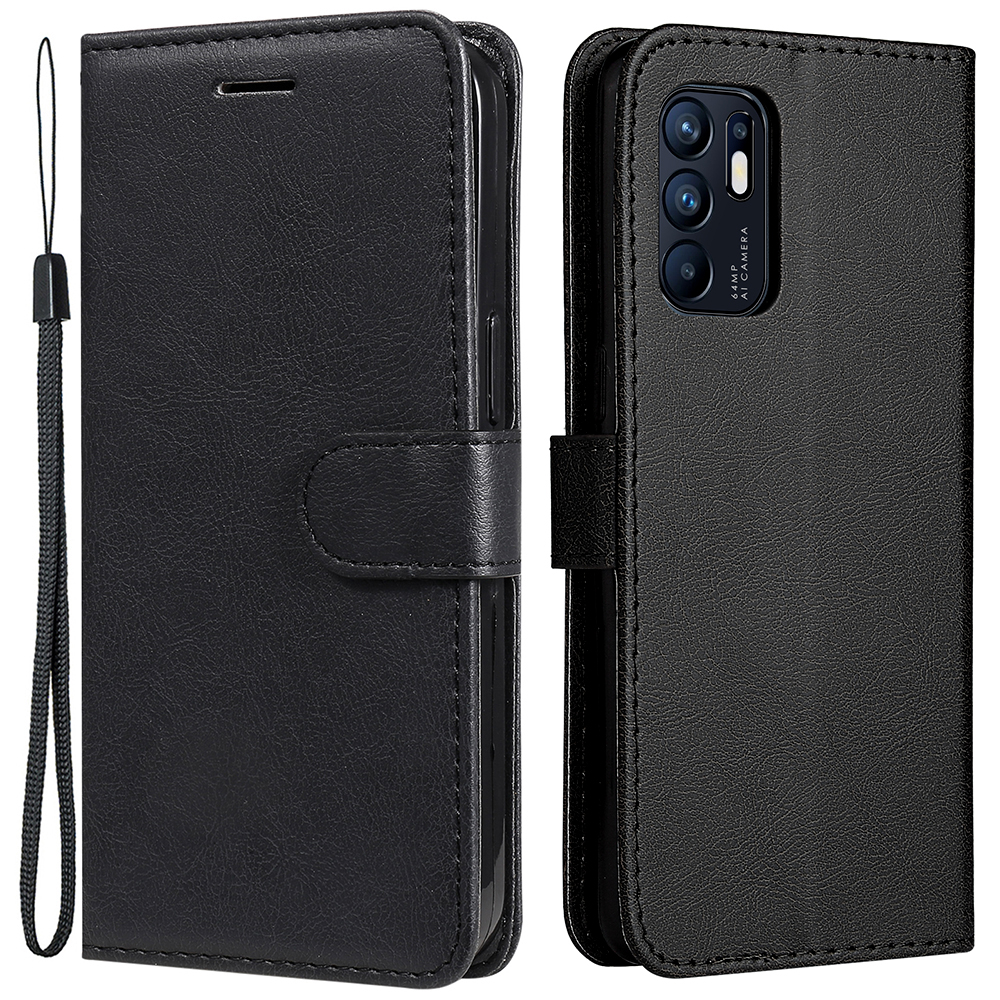 

KT Leather Series-2 Solid Color Leather Wallet Case Phone Shell Cover with Stand for Oppo Reno6 4G - Black