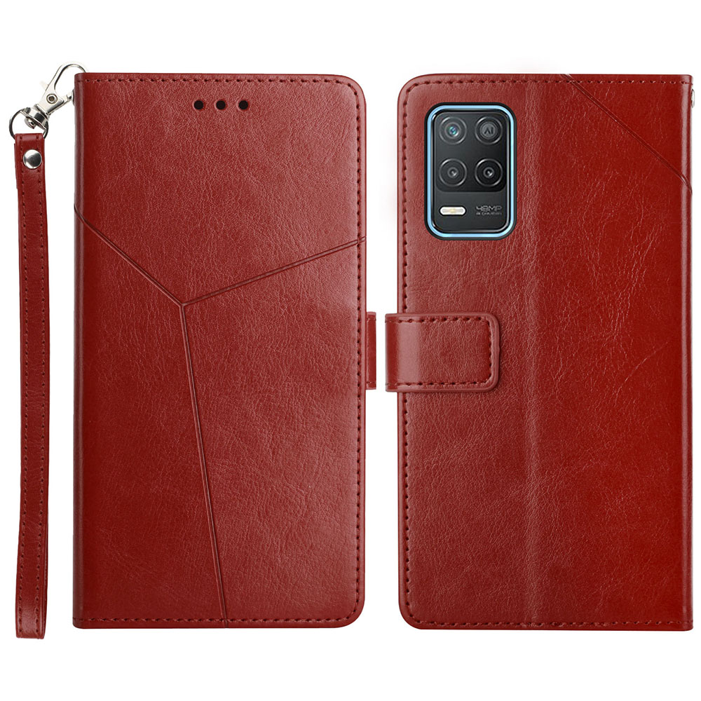 

Fingerabdruck-sicht Y-förmige Linie Prägt PU Leder-handy-brieftaschenschalenabdeckung Mit Verstellbarem Ständer Für Realme 8 5G/V13 5G/Narzo 30 5g - Weinrot, Realme 8 5G