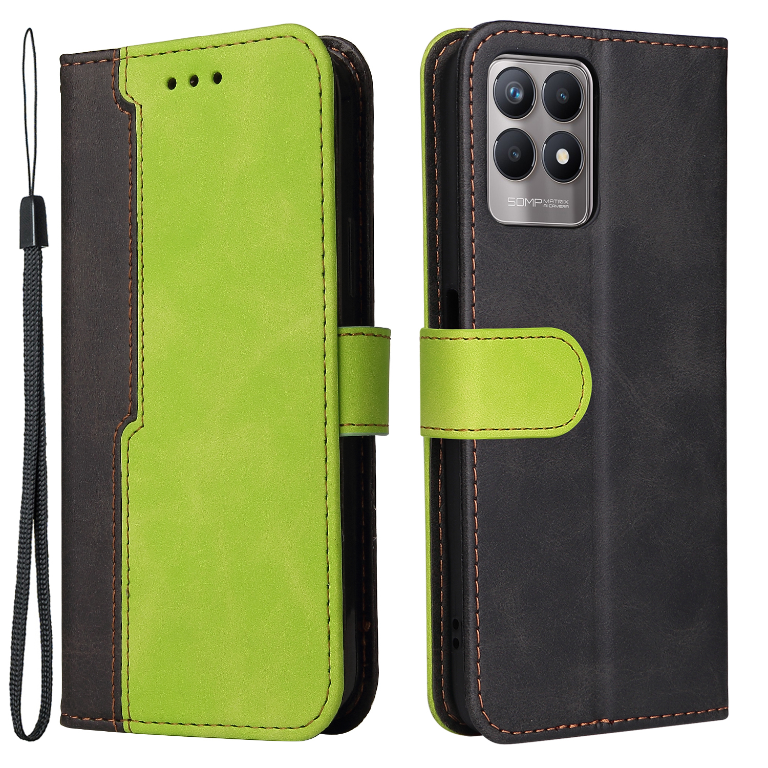 

Allround Protection Business Style Style Spleißen Dual-color Anti-fall-ständer Brieftasche Design Telefonschale Für Realme 8i/Narzo 50 4g - Grün, Realme 8i