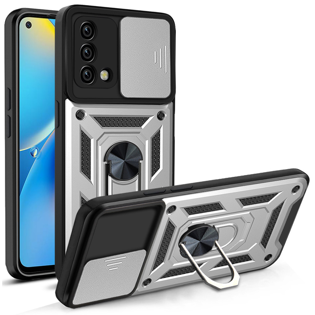 

Für Oppo A74 4G Kamera Dia Deckringhalter Kickstand Stoßdichter PC + TPU -telefonhülle - Silber-, Oppo A74 4G