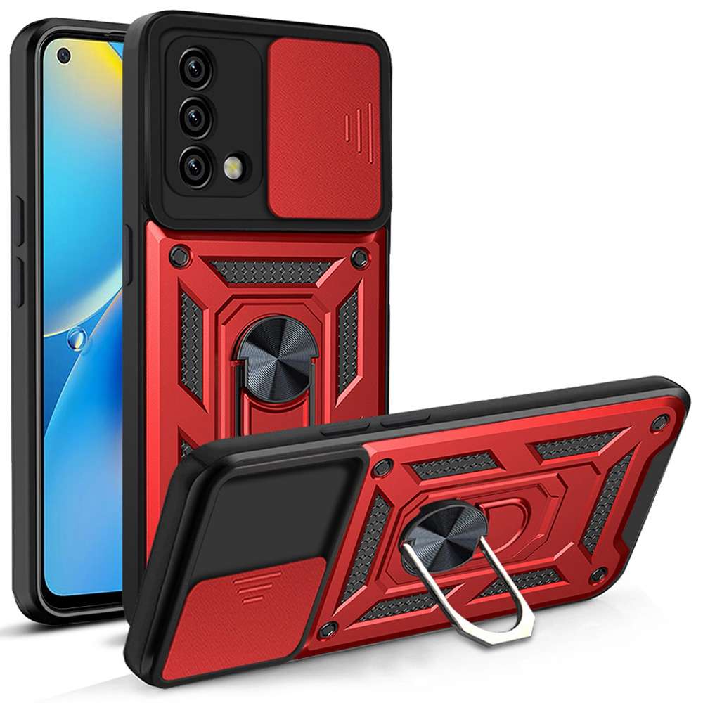 

Für Oppo A74 4G Kamera Dia Deckringhalter Kickstand Stoßdichter PC + TPU -telefonhülle - Rot, Oppo A74 4G