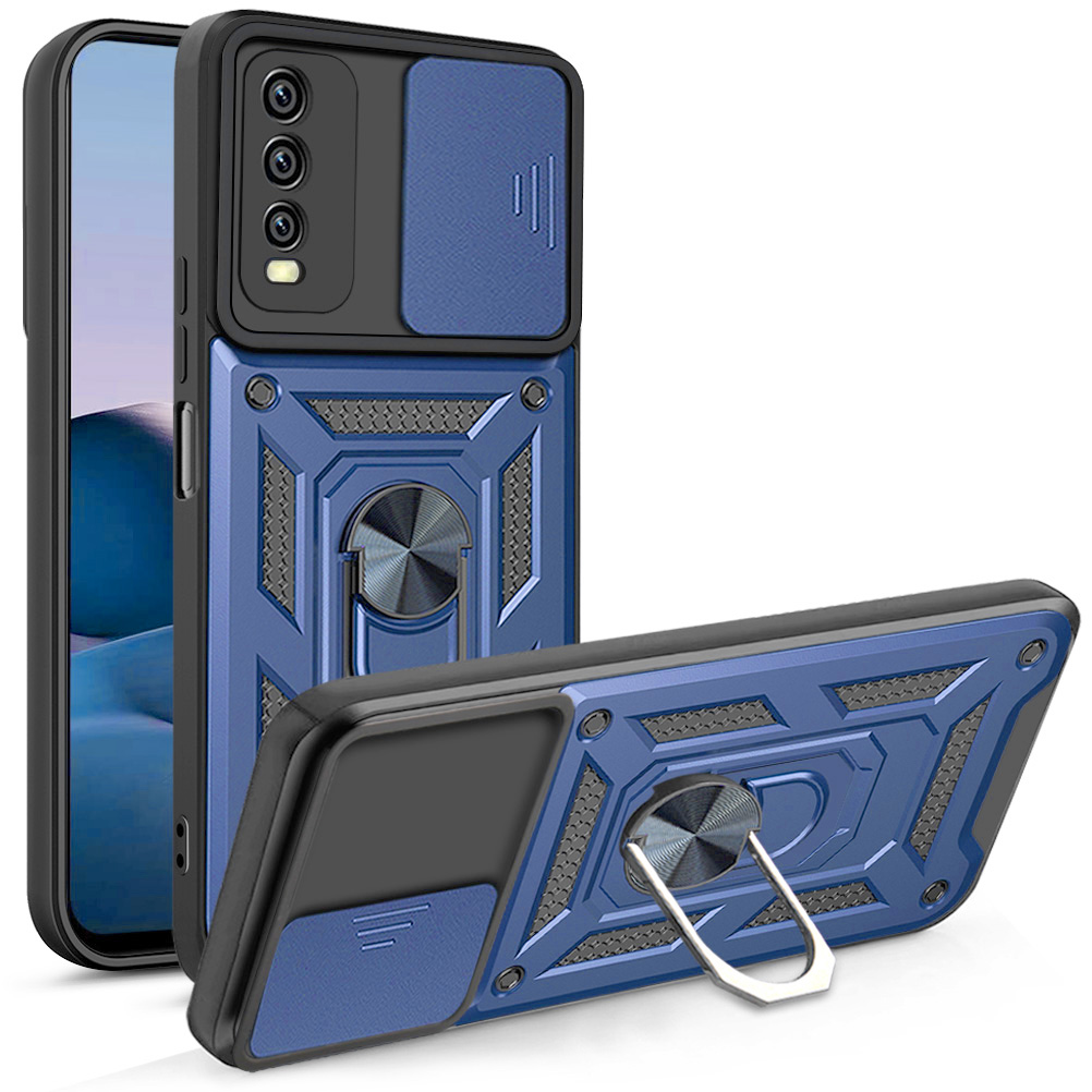 

Ring Kickstand Design Camera Slide Cover PC + TPU Anti-Herbst Hybrid-Gehäuseabdeckung Für Vivo Y20 - Blau, vivo Y20