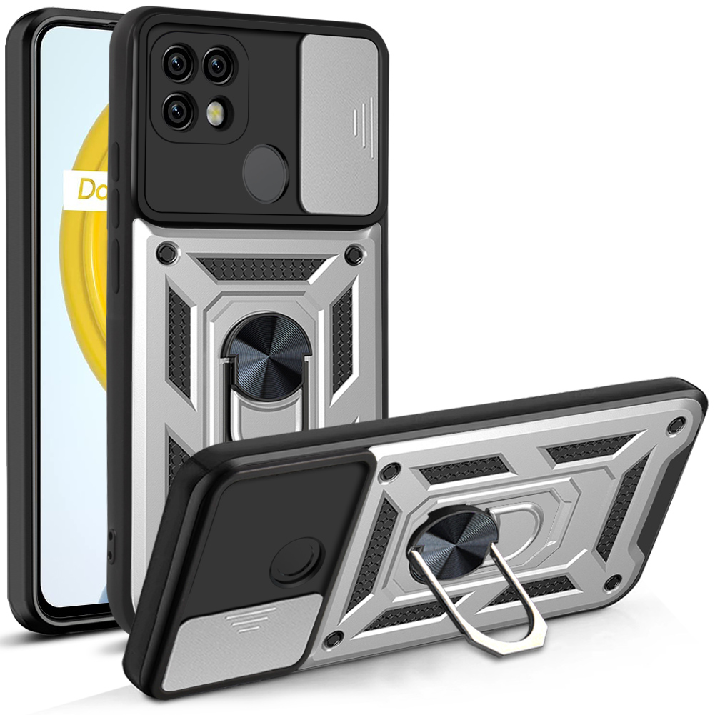 

Kamera-schleife Abdeckung Schocksicheres Anti-fall-ringhalter Kickstand PC + Tpu-telefonabdeckung Hülle Für Realme C21 - Silber-, Realme C21 4G