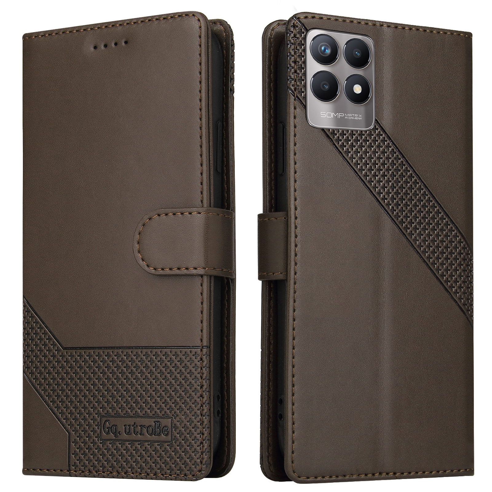 

Gq. Utrobe 009 Serie Magnetic Clasp Ständer Brieftasche Telefonabdeckung Folio Flip Spleißleder Für Realme 8i/Narzo 50 4g - Braun, Realme 8i