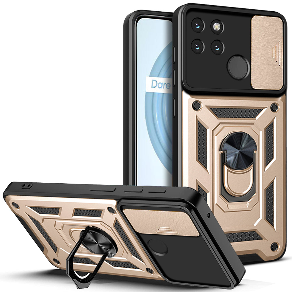 

Anti-fall-phone-hülle Kamera-schieber-abdeckung PC + TPU Hybrid-schutzhülle Mit Ringstand Für Realme C21Y - Gold, Realme C21Y