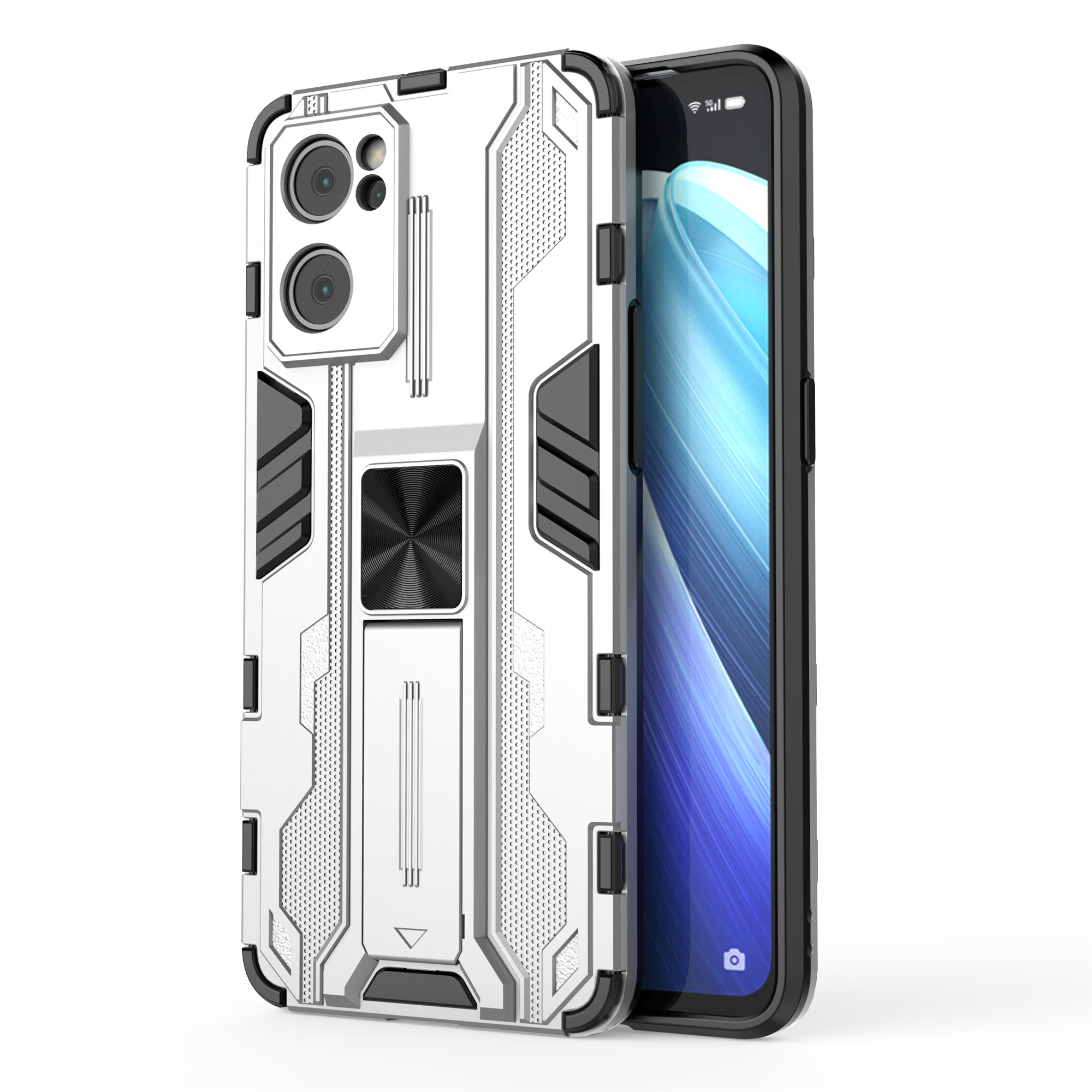 

Dual-Layer PC + TPU Impact-resistantes Schutzfall Mit Kickstandhalter Für Oppo Reno7 5G (China) - Silber-, Oppo Reno7 5G (China)