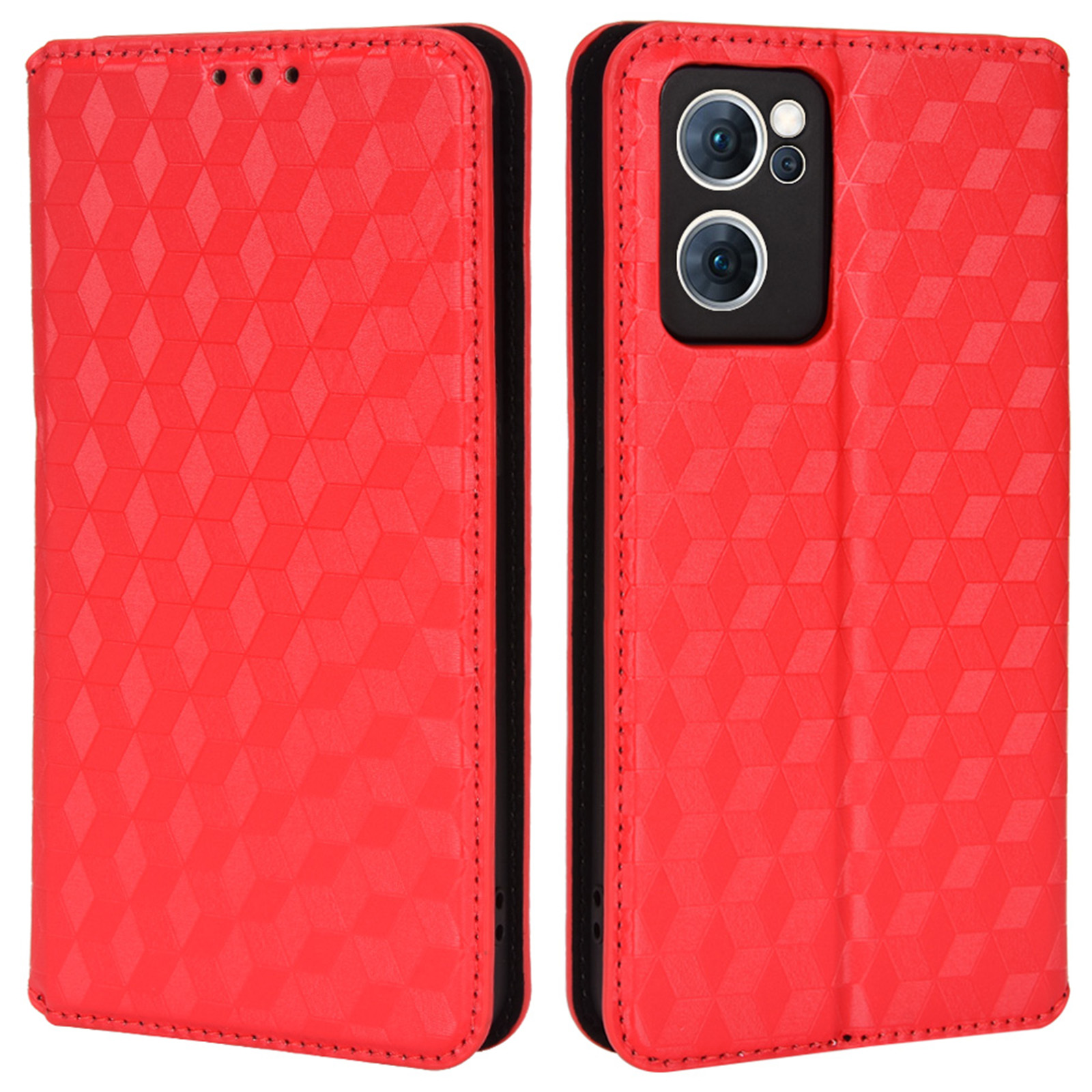 

3d-rhombus-muster Geprägtes Mobiltelefongehäuse Anti-scratch Magnetic Auto Closing PU Leder Schutzabdeckung Mit Stand Wallet Für Oppo Reno7 5G (China) - Rot, Oppo Reno7 5G (China)