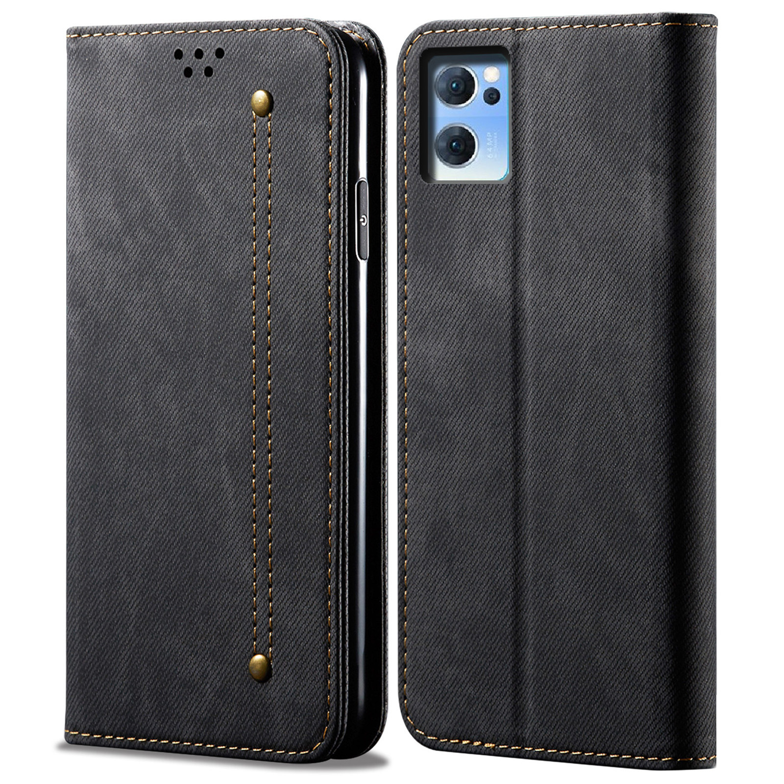 

Jeans Stoff Textur PU Leder TPU Doppelschutz Muschel Wallet Stand Handy Hülle Für Oppo Reno7 SE 5g - Schwarz, Oppo Reno7 SE 5G