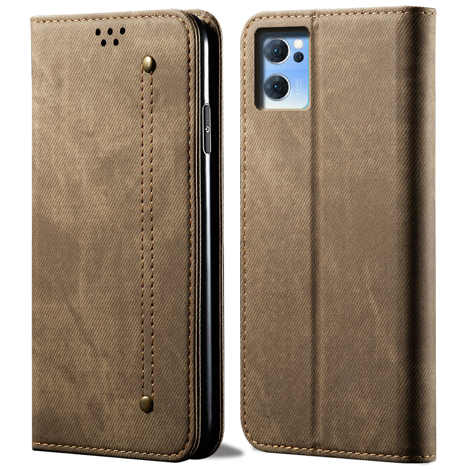 

Jeans Stoff Textur PU Leder TPU Doppelschutz Muschel Wallet Stand Handy Hülle Für Oppo Reno7 SE 5g - Khaki, Oppo Reno7 SE 5G