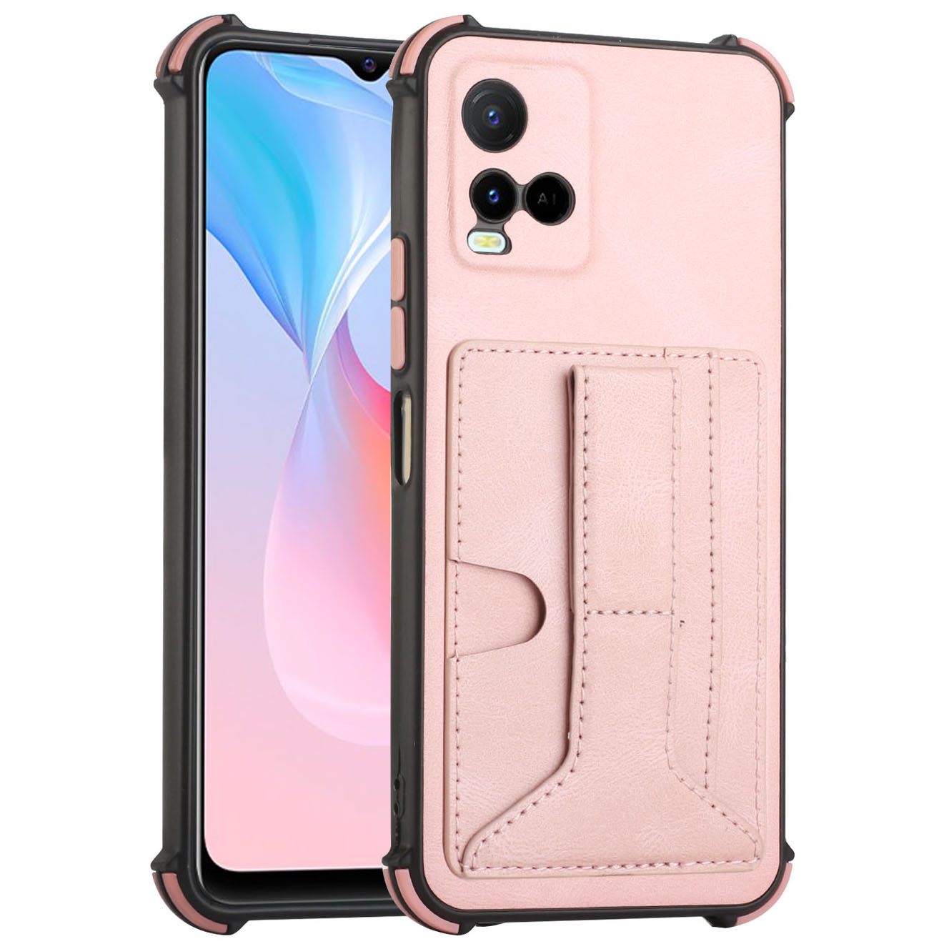 

TA1 Series PU Leather Coating Soft TPU Case for vivo Y33s/Y21 (2021)/Y21s (2021) Kickstand Card Slot Protective Phone Cover - Rose Gold