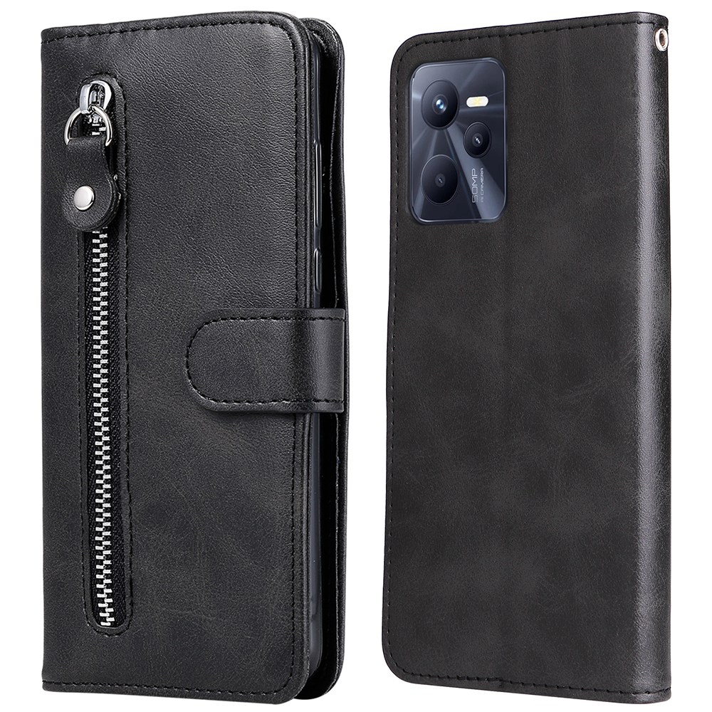 

Für Realme C35 Modische Kuhlatten -pu -leder -telefonschale Äußere Reißverschlusspocket + Brieftasche Volle Schutzkoffer - Schwarz, Realme C35 4G