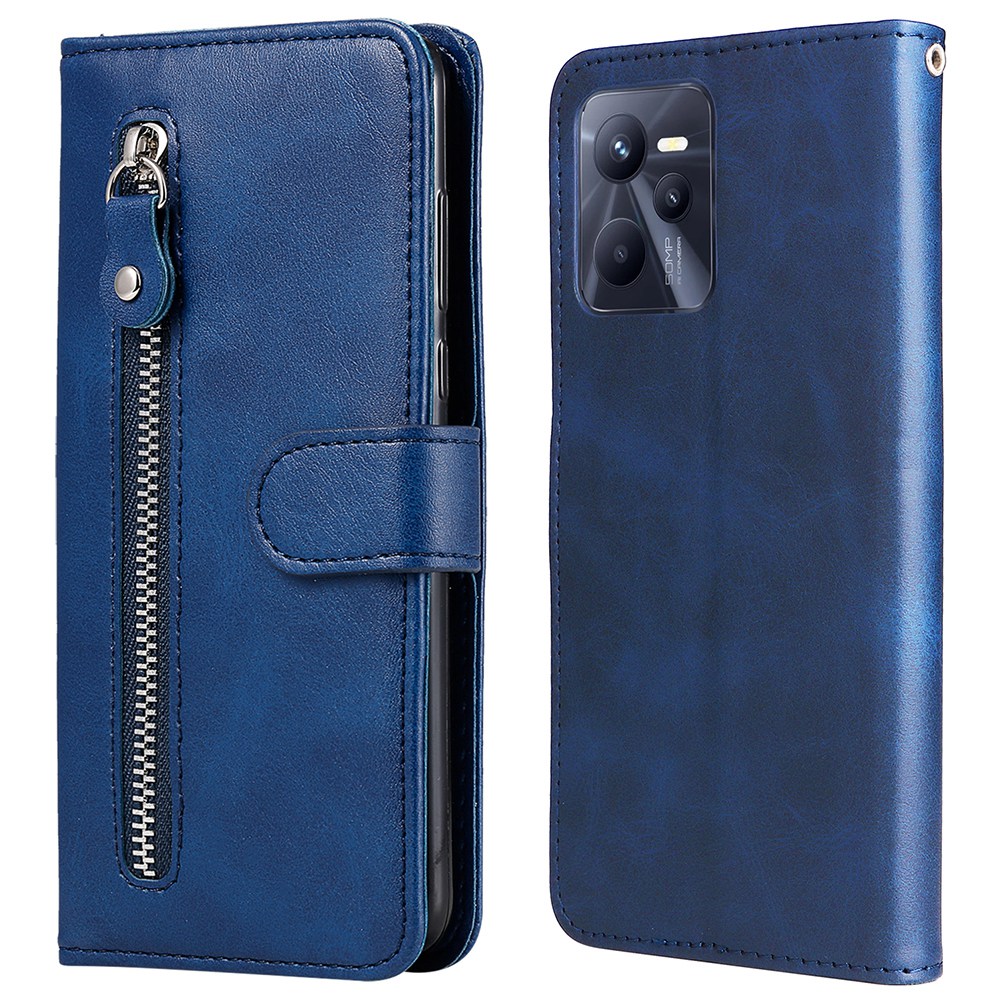 

Für Realme C35 Modische Kuhlatten -pu -leder -telefonschale Äußere Reißverschlusspocket + Brieftasche Volle Schutzkoffer - Blau, Realme C35 4G