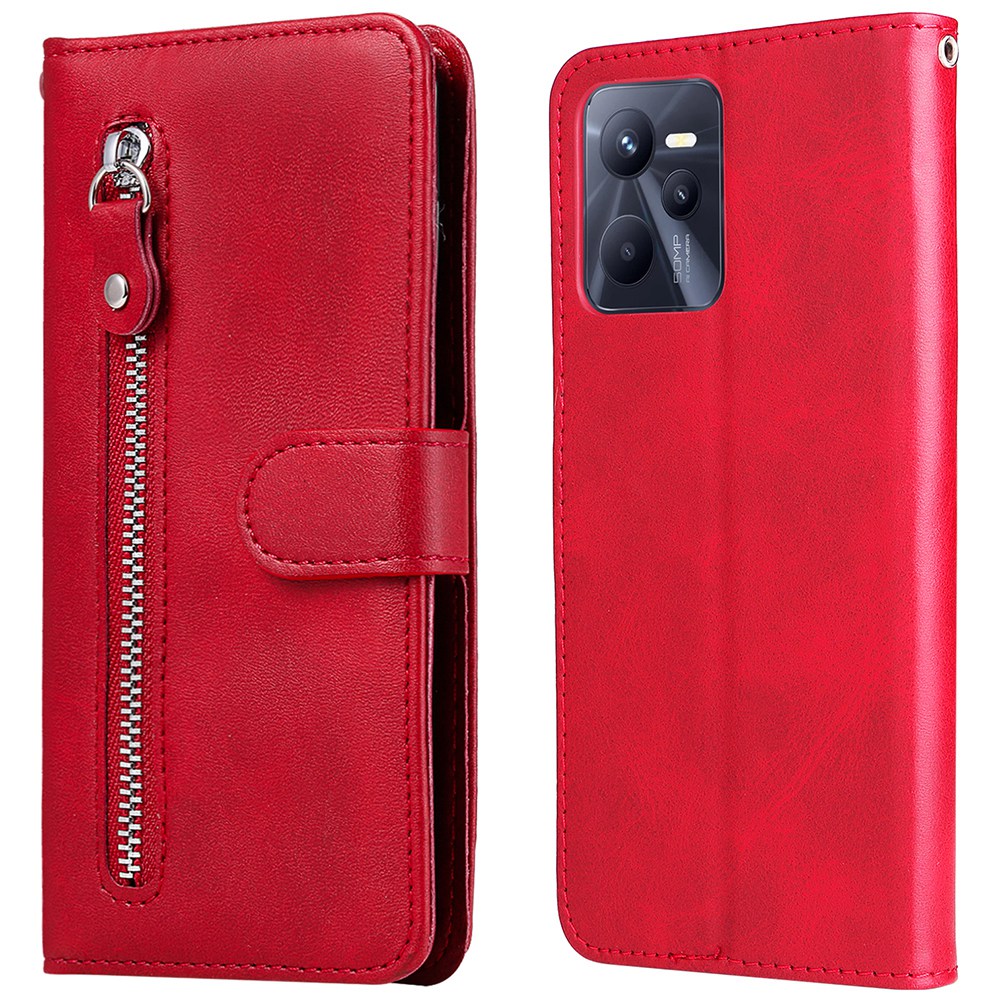 

Für Realme C35 Modische Kuhlatten -pu -leder -telefonschale Äußere Reißverschlusspocket + Brieftasche Volle Schutzkoffer - Rot, Realme C35 4G