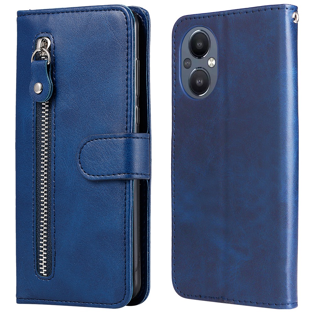 

Für Oppo Reno7 Z 5G/A96 (China)/OnePlus Nord N20 5G Reißverschluss Pocket Cowide PU -leder -telefonschale Mit Brieftaschenstand - Blau, Oppo Reno7 Z 5G