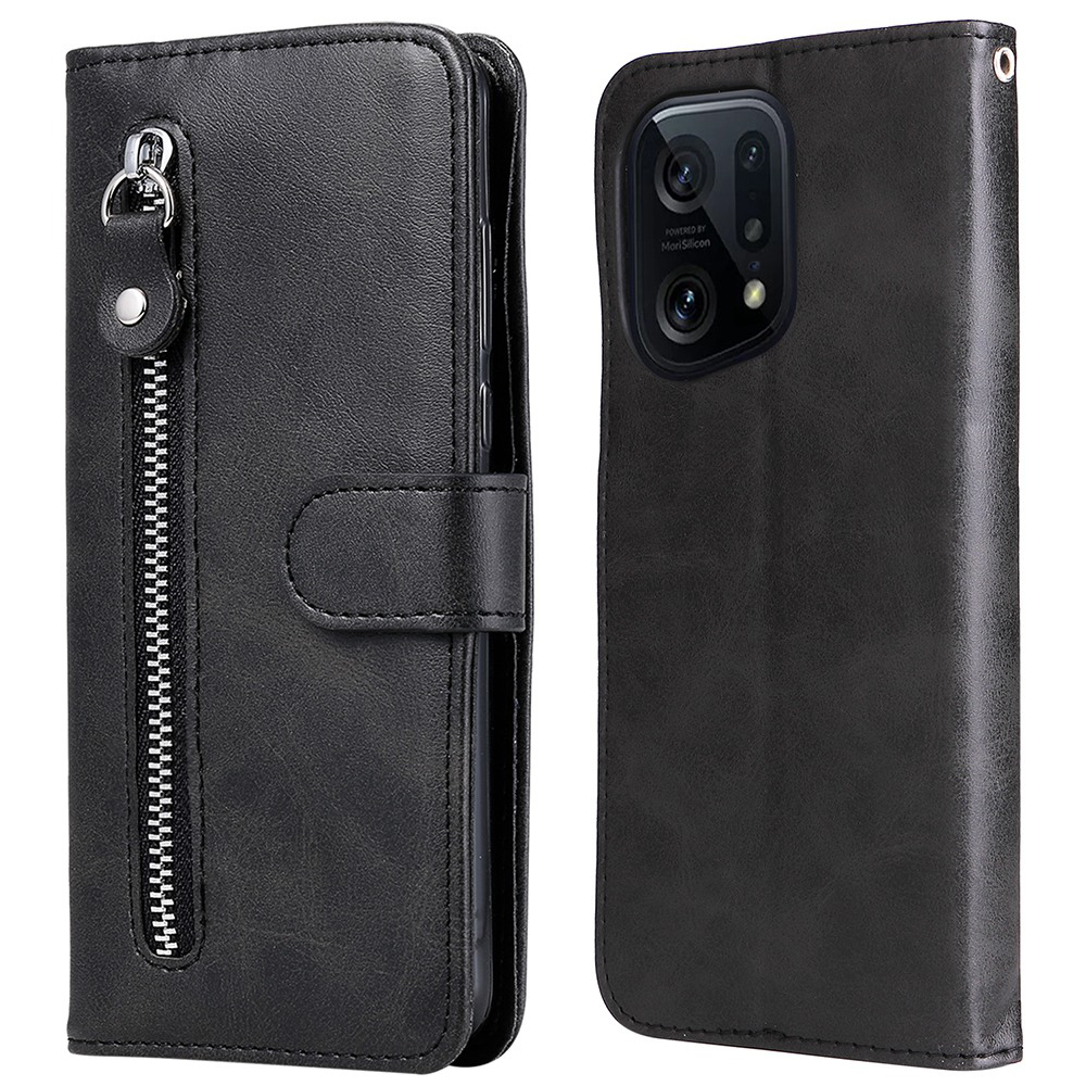 

Für Oppo Finden X5 Pro Stylish Multifunktion Reißverschluss Taschenpocket Cowide PU Leder Brieftasche Telefonständer - Schwarz, Oppo Find X5 Pro