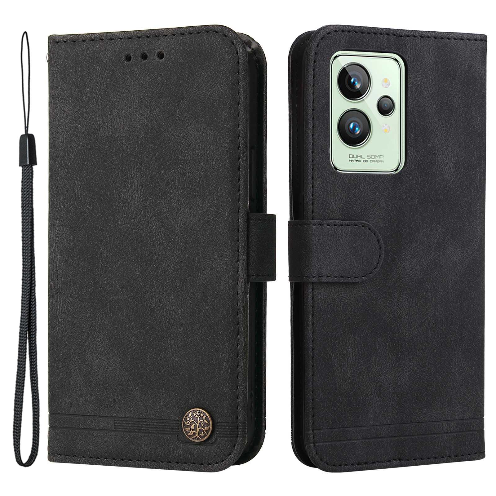 

Für Realme GT2 Pro PU Leder Ständer Brieftasche Abdeckung Full Protection Phone Hülle Mit Baummuster Metallknopfdekoration - Schwarz, Realme GT2 Pro