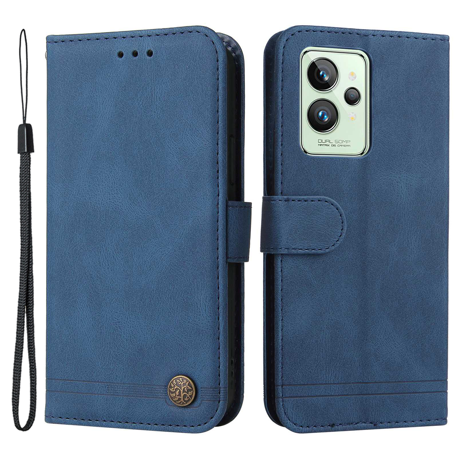 

Für Realme GT2 Pro PU Leder Ständer Brieftasche Abdeckung Full Protection Phone Hülle Mit Baummuster Metallknopfdekoration - Blau, Realme GT2 Pro