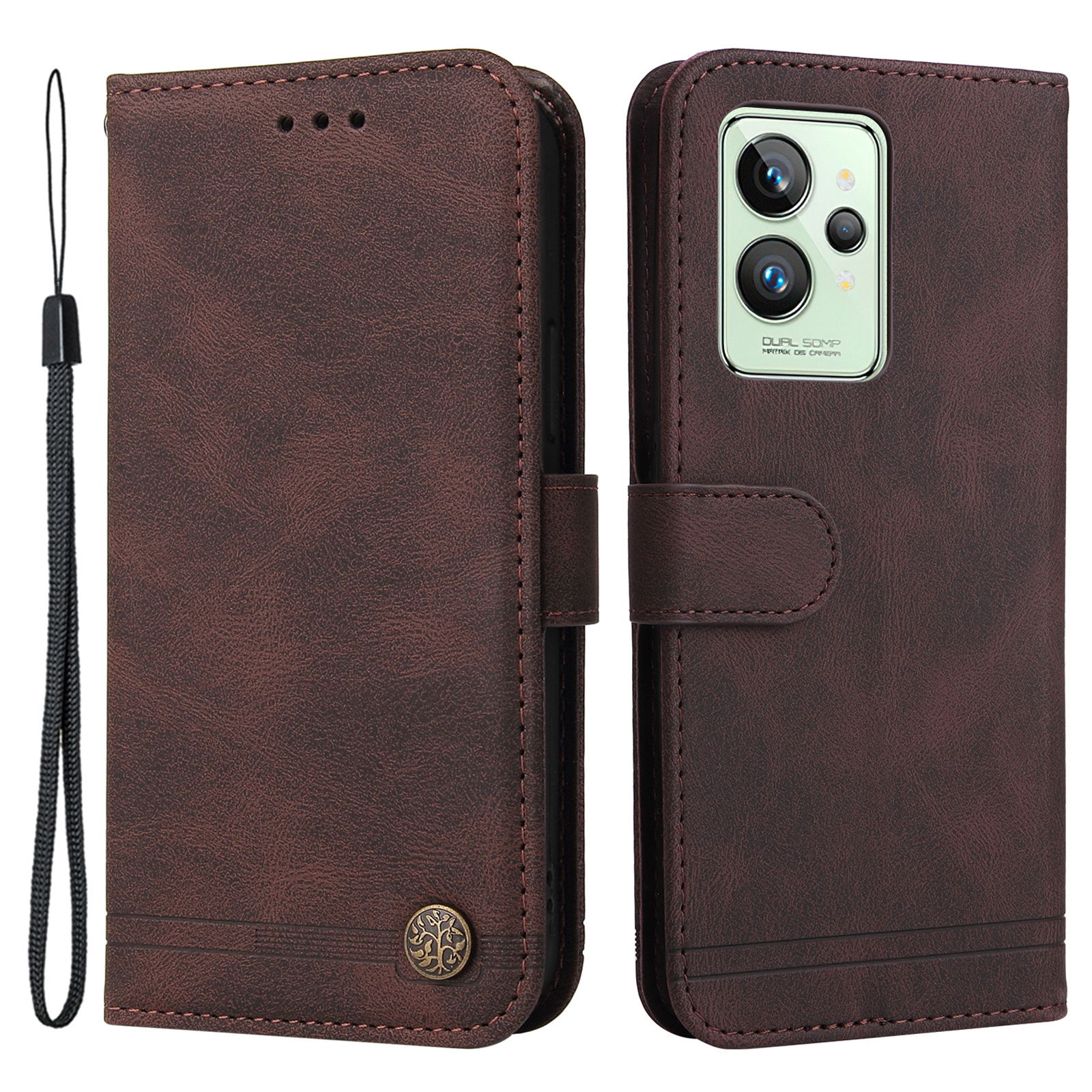 

Für Realme GT2 Pro PU Leder Ständer Brieftasche Abdeckung Full Protection Phone Hülle Mit Baummuster Metallknopfdekoration - Braun, Realme GT2 Pro