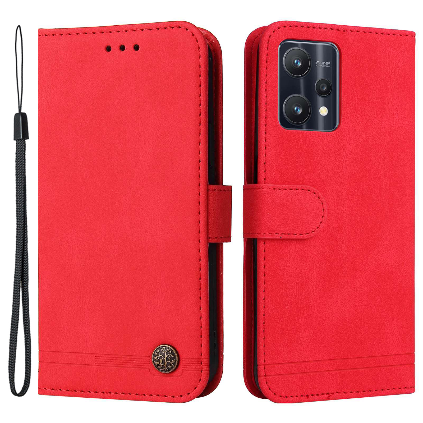 

Für Realme 9 Pro/V25 Tree Muster Metal -button PU Leder -ständer Brieftaschenhülle Mit Handriemen - Rot, Realme 9 Pro 5G