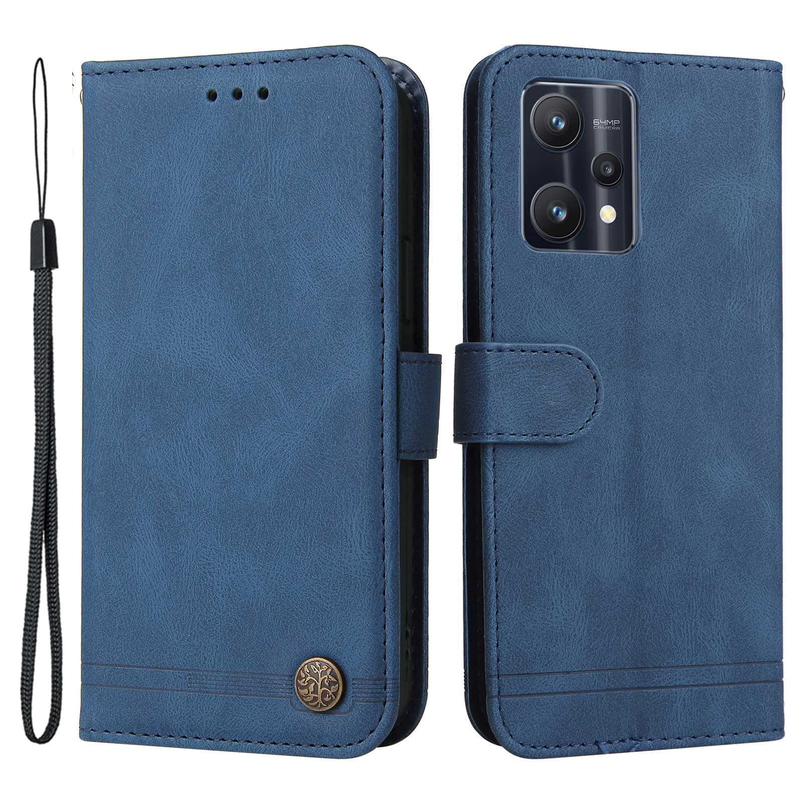 

Für Realme 9 Pro/V25 Baummuster Metal -button PU Leder -ständer Brieftasche Telefonhülle Mit Handriemen - Blau, Realme 9 Pro 5G