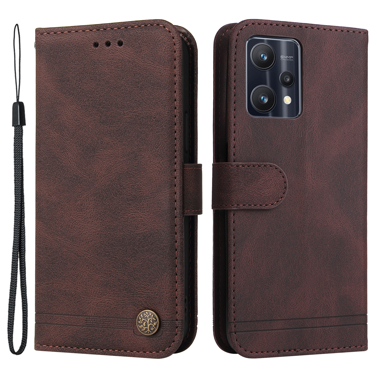 

Für Realme 9 Pro/V25 Baummuster Metal -button PU Leder -ständer Brieftasche Telefonhülle Mit Handriemen - Braun, Realme 9 Pro 5G