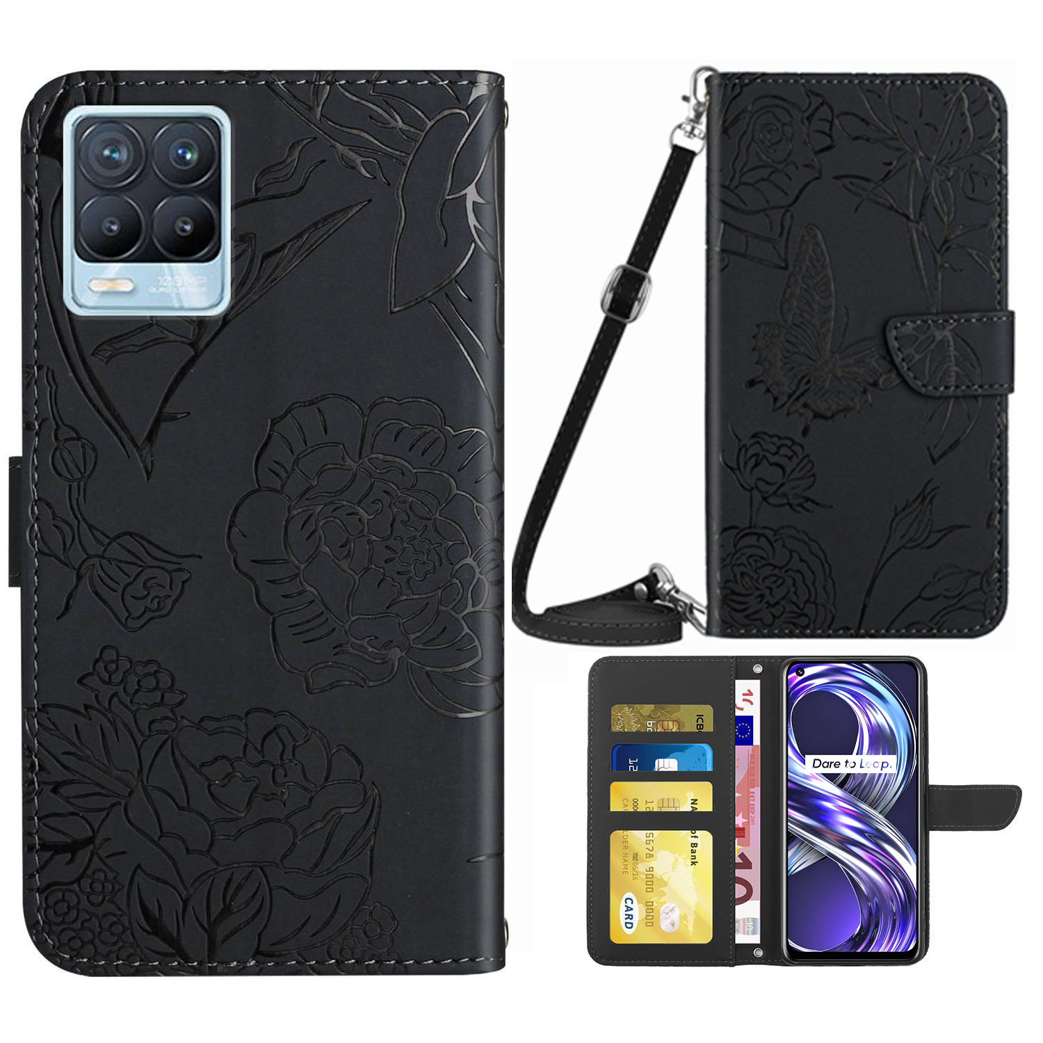 

Für Realme 8/8 Pro -drucken Schmetterlingsblumenmuster Brieftasche PU Leder -schultergurt Ständer Flip Cover - Schwarz, Realme 8
