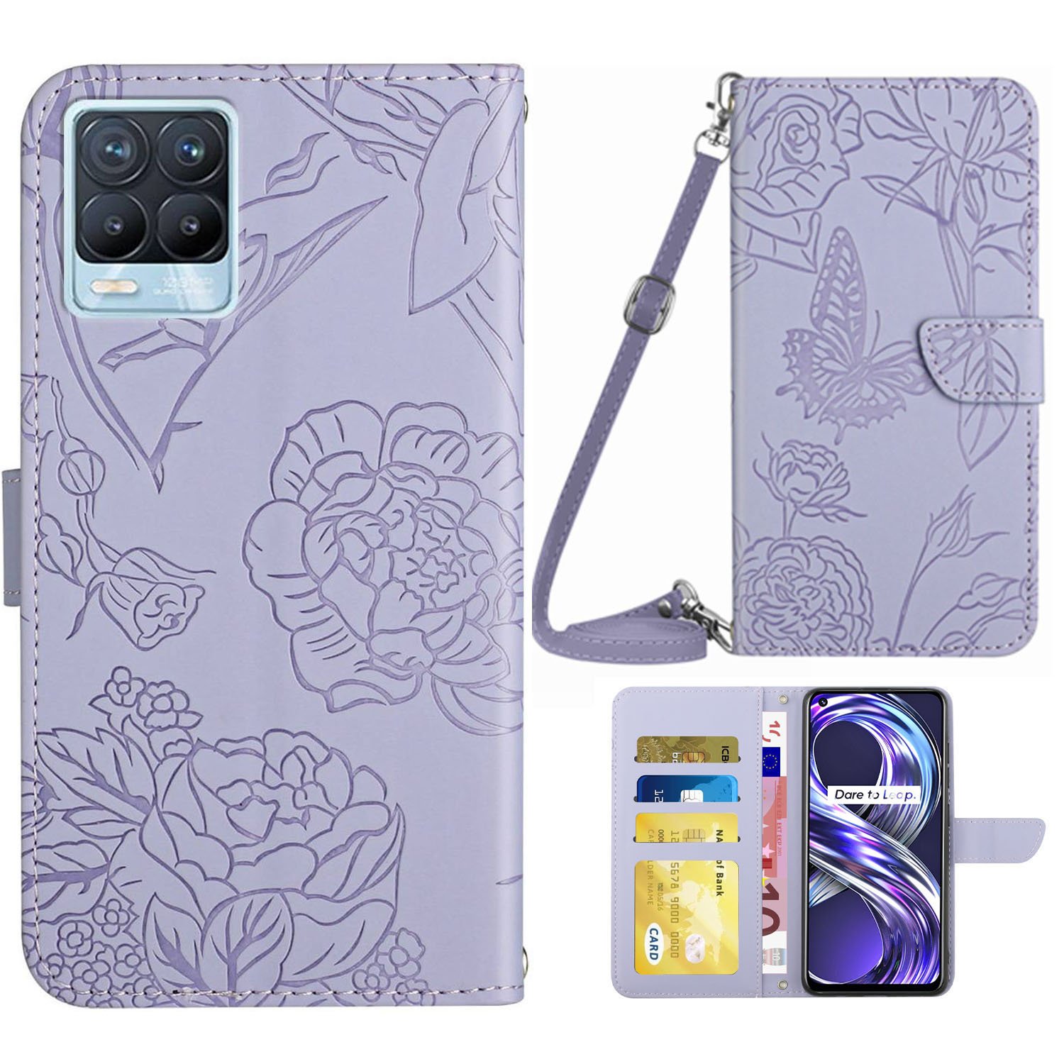 

Für Realme 8/8 Pro -drucken Schmetterlingsblumenmuster Brieftasche PU Leder -schultergurt Ständer Flip Cover - Helles Lila, Realme 8