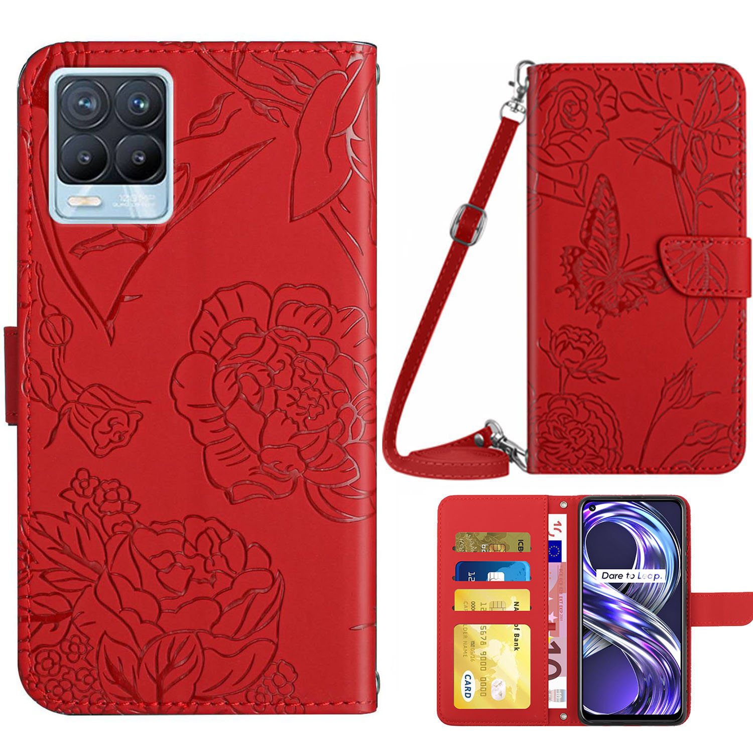 

Für Realme 8/8 Pro -drucken Schmetterlingsblumenmuster Brieftasche PU Leder -schultergurt Ständer Flip Cover - Rot, Realme 8
