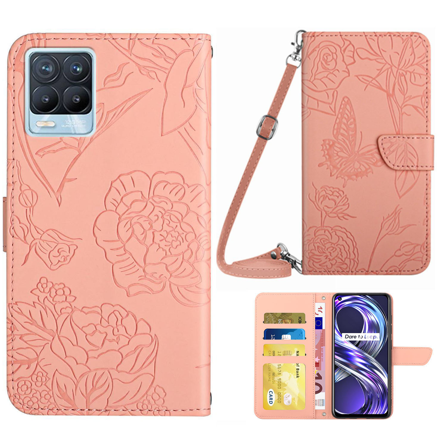 

Für Realme 8/8 Pro -drucken Schmetterlingsblumenmuster Brieftasche PU Leder -schultergurt Ständer Flip Cover - Rosa, Realme 8