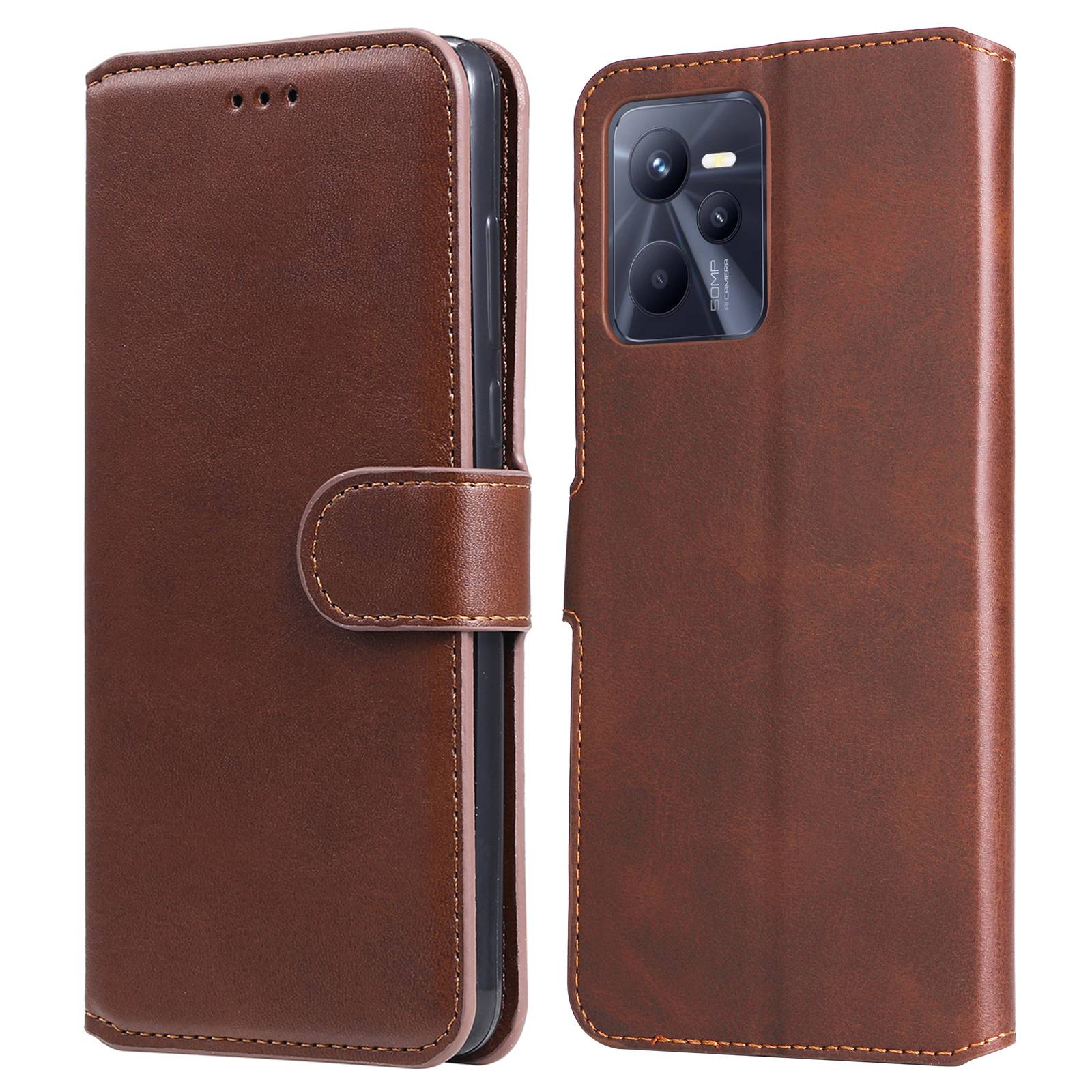 

PU Lederstand Hülle Für Realme C35, Brieftasche Vollschutz Telefonabdeckung - Braun, Realme C35 4G