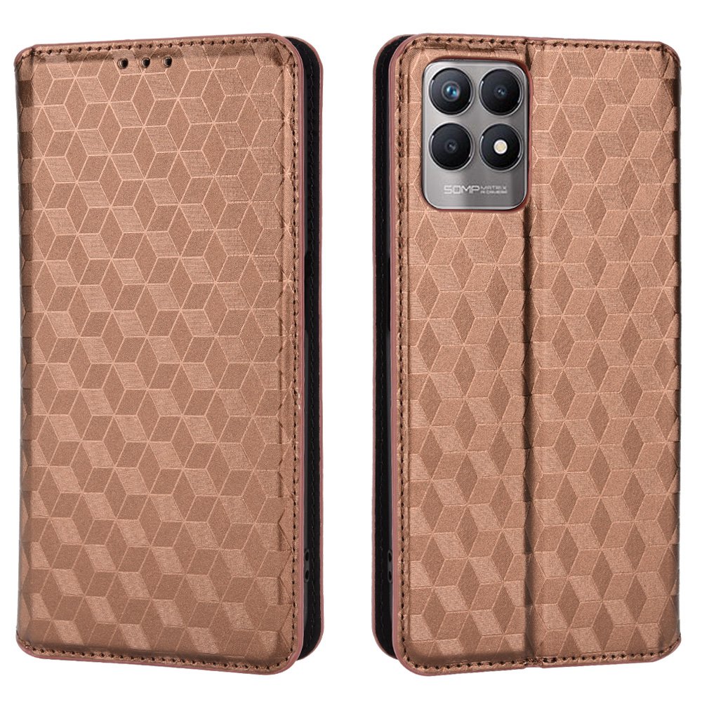 

Für Realme 8i/Narzo 50 4G PU Leder 3D Rhombus -sprudel -telefon Hülle Magnetische Absorptionsständer TPU Schockdes Innenschutzschutzabdeckung - Braun, Realme 8i