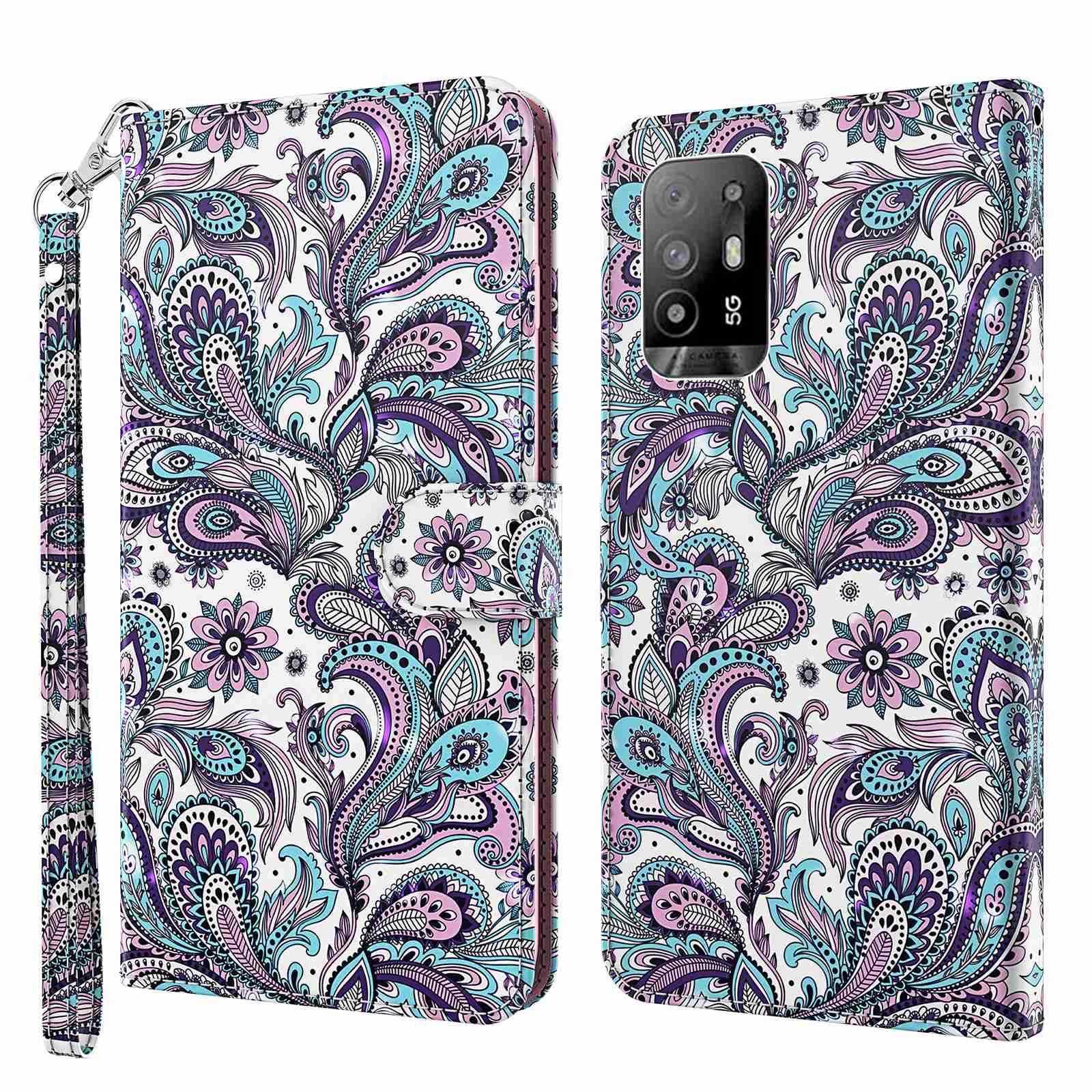 

Für Oppo A94 5G/A95 5G PU Leder 3D Muster Druck Telefonabdeckung Handgelenk Gurt Wallet Sty - Lila Impatiens, Oppo A94 5G