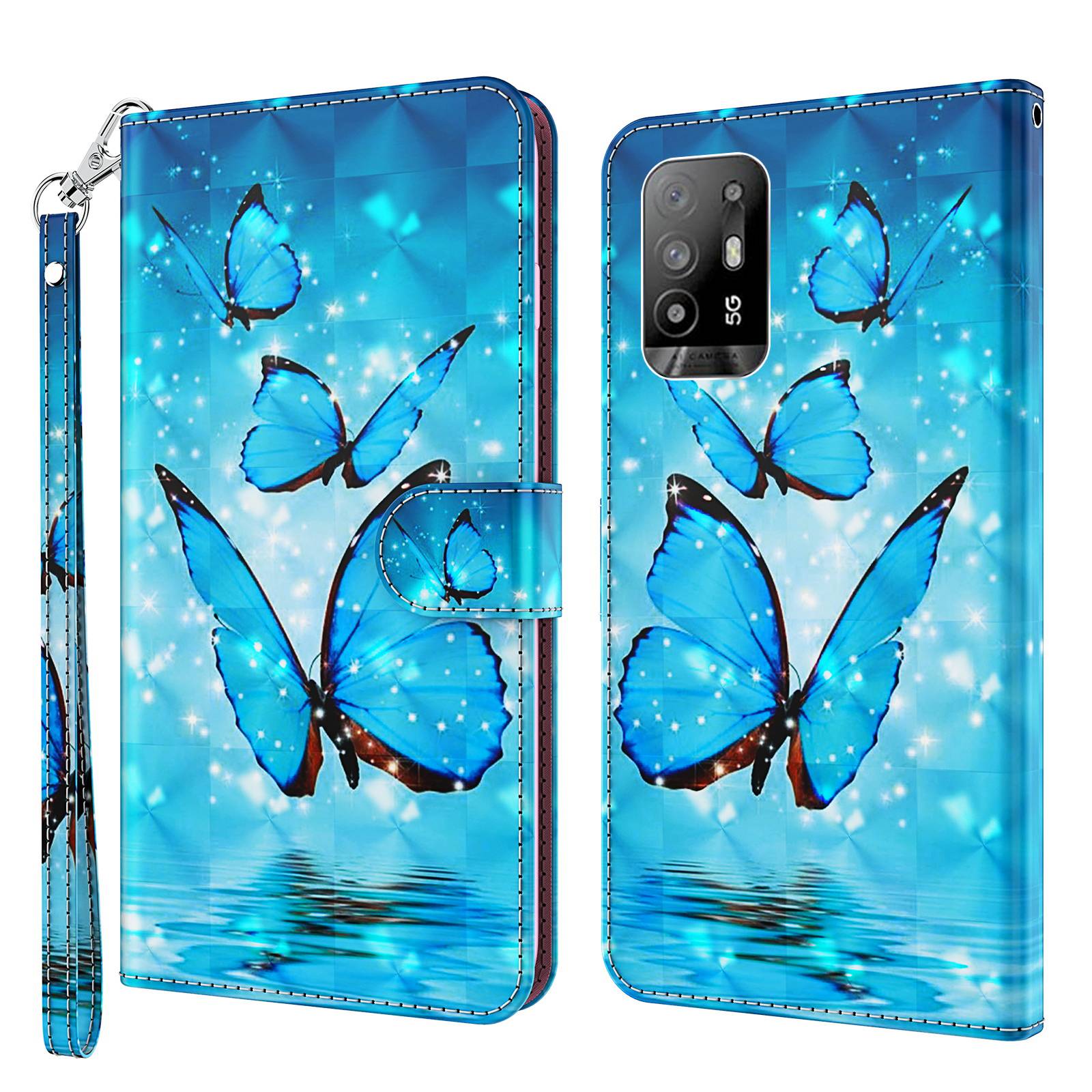 

Für Oppo A94 5G/A95 5G PU Leder 3D Muster Druck Telefonabdeckung Handgelenk Gurt Wallet Sty - Blaue Schmetterlinge, Oppo A94 5G