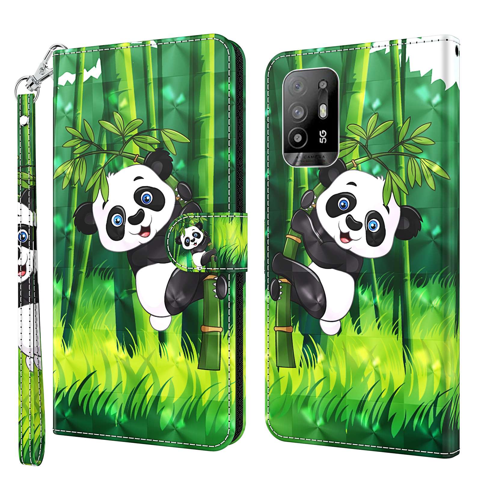 

Für Oppo A94 5G/A95 5G PU Leder 3D Muster Druck Telefonabdeckung Handgelenk Gurt Wallet Sty - Panda Klettern, Oppo A94 5G