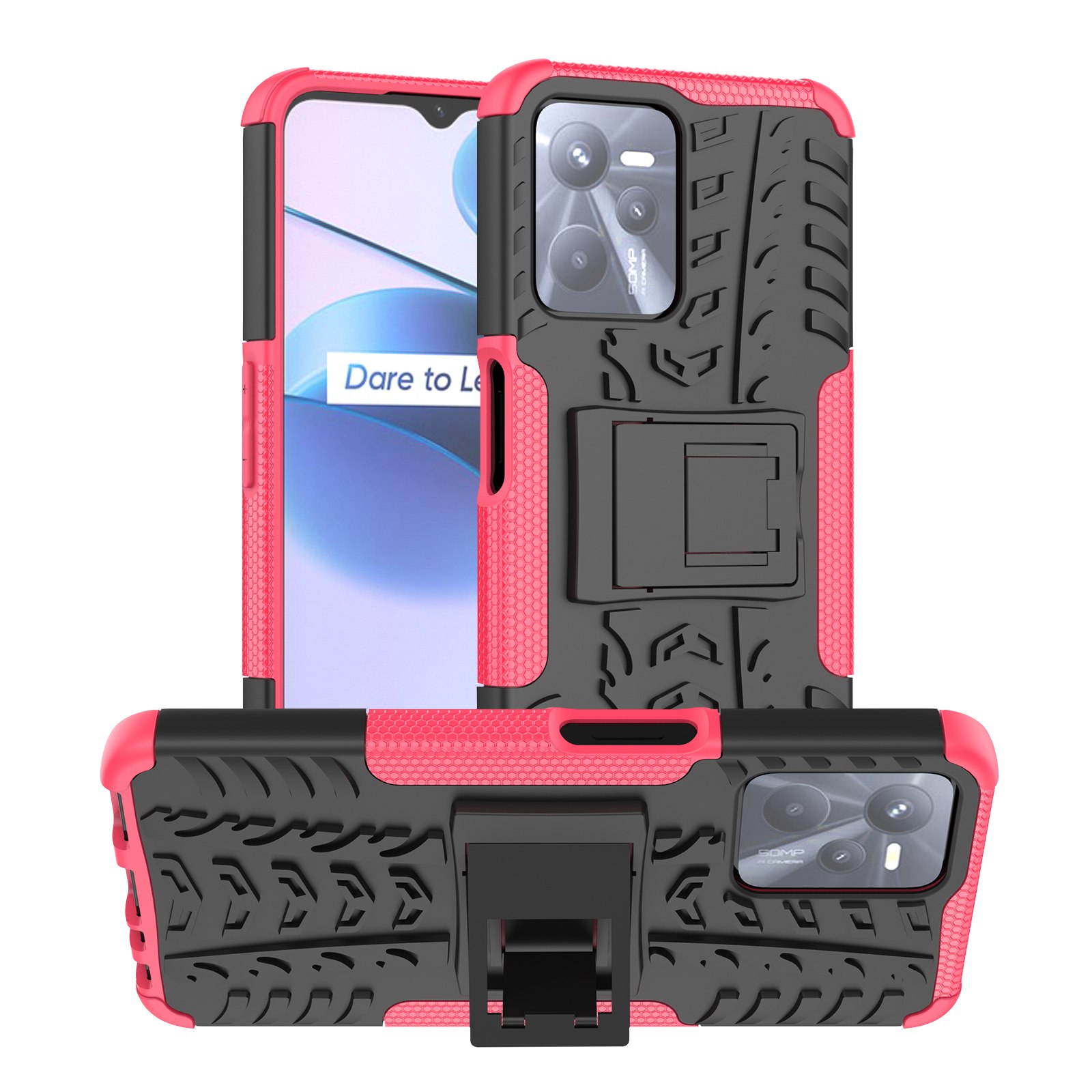 

Für Realme C35 Kickstand-Telefonhülle Coole Reifen Textur Anti-Drop Hybrid TPU + PC-Abdeckung - Rose, Realme C35 4G