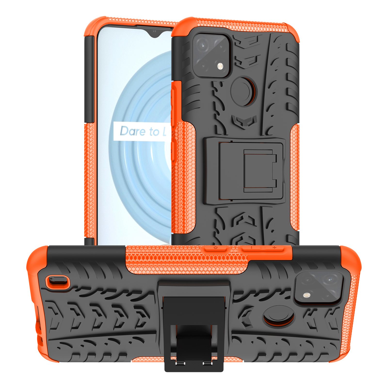 

Für Realme C21Y Coole Reifen Textur Soft TPU + Hard PC Cover Schockdelie Mit Kickstand - Orange, Realme C21Y