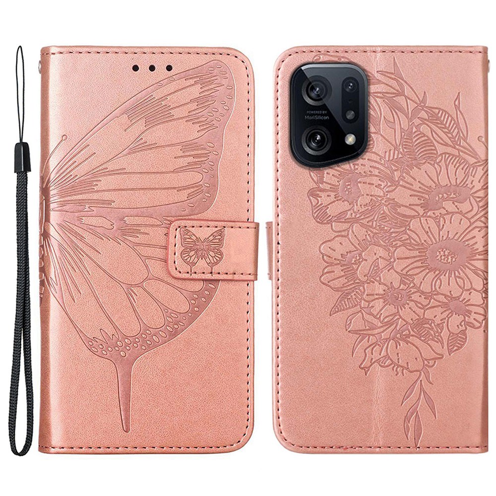 

YB Sprudel Blumenserie-4 Leder Telefonhülle Für Oppo Find X5, Prägener Schmetterlingsblumen-brieftaschen-schutzschutzschutz - Roségold, Oppo Find X5