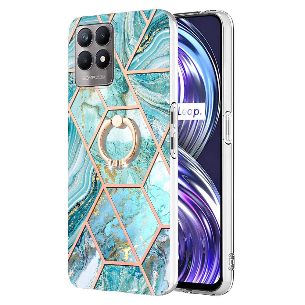 

YB IMD Series-7 Marmormuster IMD Tpu-hülle Für Realme 8i/Narzo 50 4G, Ring-kickstandelektroplatten-telefonabdeckung - Blau, Realme 8i