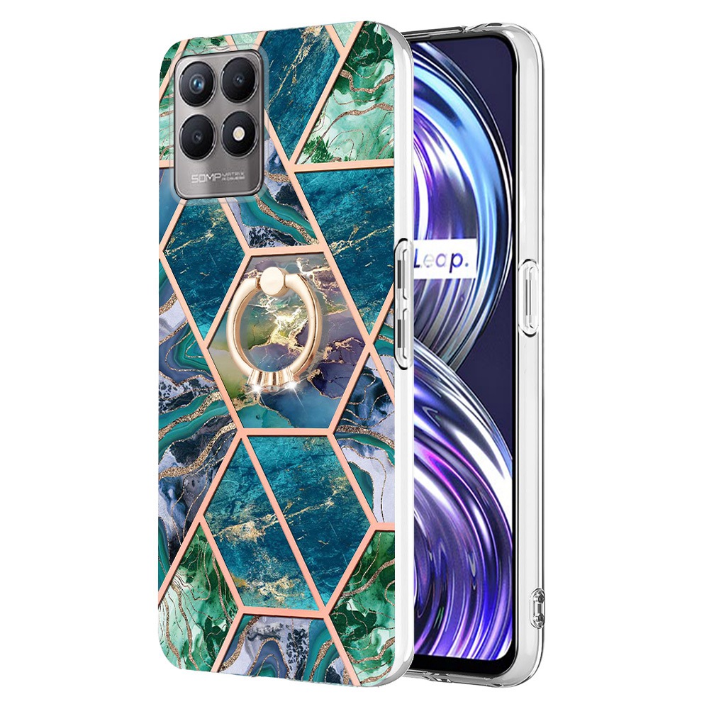 

YB IMD Series-7 Marmormuster IMD Tpu-hülle Für Realme 8i/Narzo 50 4G, Ring-kickstandelektroplatten-telefonabdeckung - Blau Grün, Realme 8i