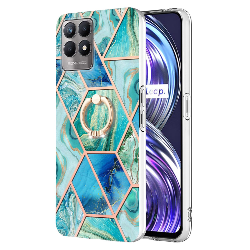 

YB IMD Series-7 Marmormuster IMD Tpu-hülle Für Realme 8i/Narzo 50 4G, Ring-kickstandelektroplatten-telefonabdeckung - Grün, Realme 8i