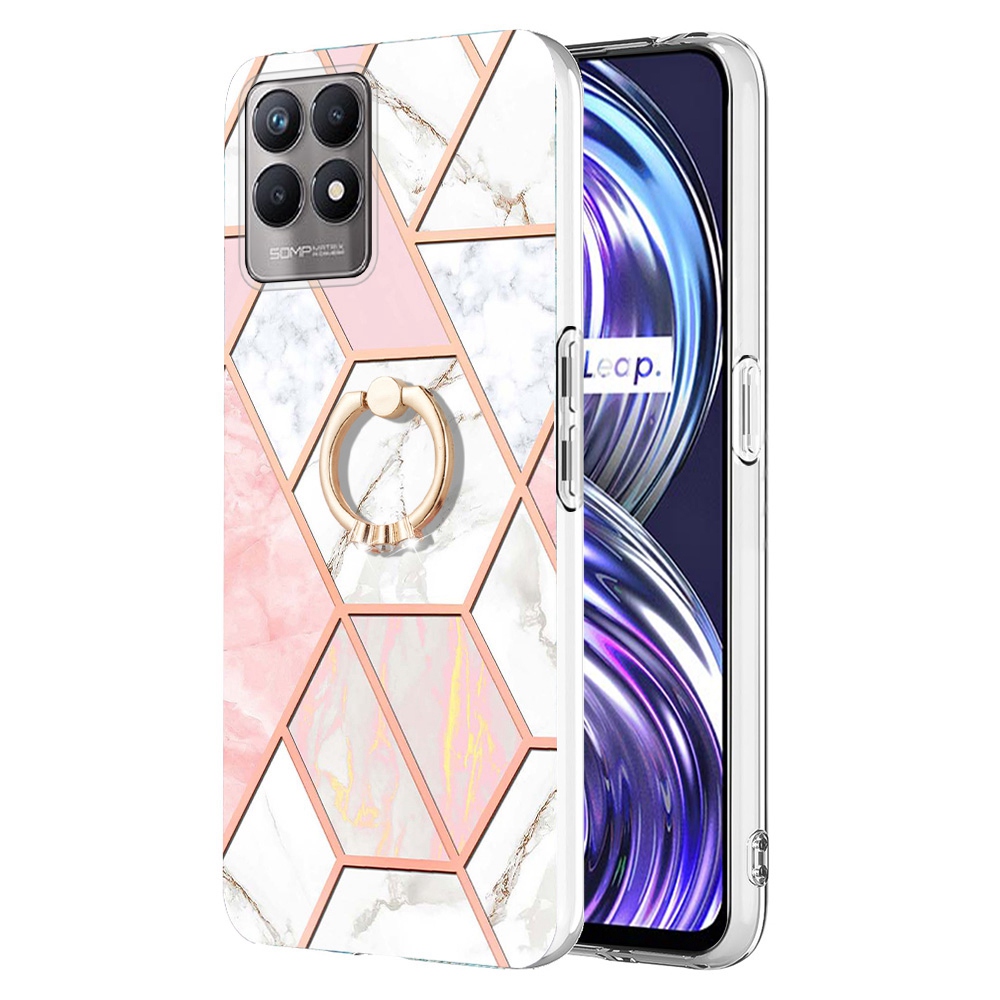 

YB IMD Series-7 Marmormuster IMD Tpu-hülle Für Realme 8i/Narzo 50 4G, Ring-kickstandelektroplatten-telefonabdeckung - Rosa/weiß, Realme 8i