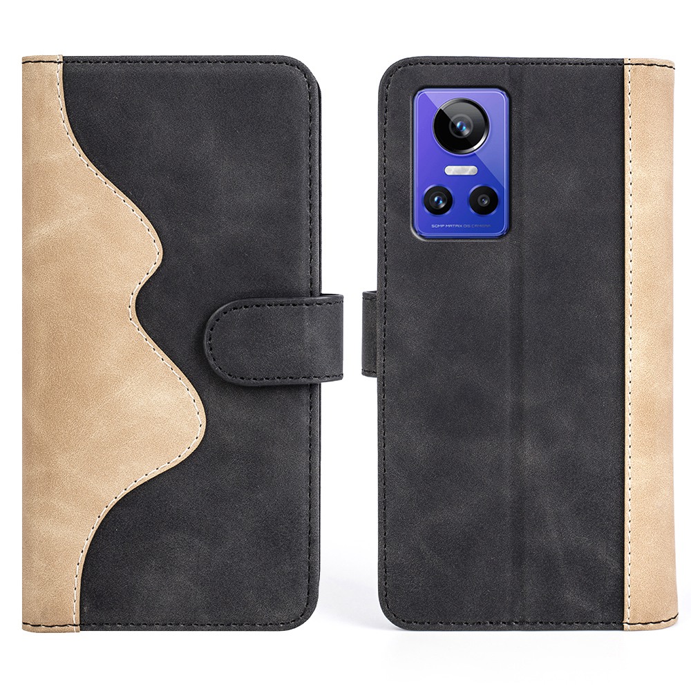 

Spleißen PU Leder-hülle Für Realme GT Neo3, Brieftasche Supping Ständer Anti-fall-telefonabdeckung - Schwarz, Realme GT Neo3