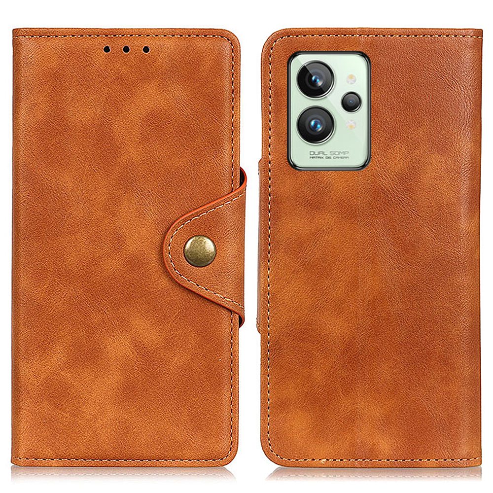 

Für Realme GT2 Pro PU Leder Schockdicht TPU Wallet Hülle Messing Schnalle Magnetic Clasp Stand Book Schutzschale - Braun, Realme GT2 Pro