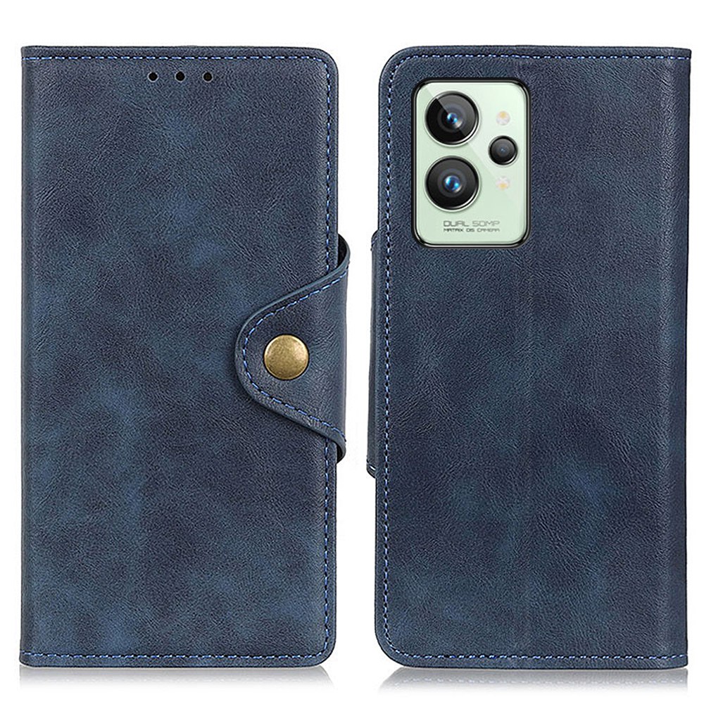 

Für Realme GT2 Pro PU Leder Schockdicht TPU Wallet Hülle Messing Schnalle Magnetic Clasp Stand Book Schutzschale - Blau, Realme GT2 Pro