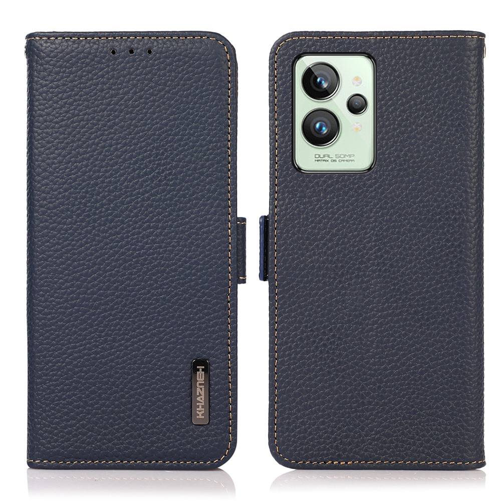 

Khazneh Für Realme GT2 Pro Book Wallet Litchi Textur Echtes Leder Cover RFID Blockierstand Seiterseite Magnetische Schließe Folio Hülle - Blau, Realme GT2 Pro